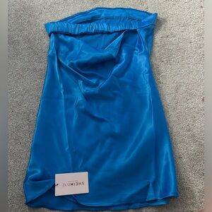 Blue satin strapless mini dress